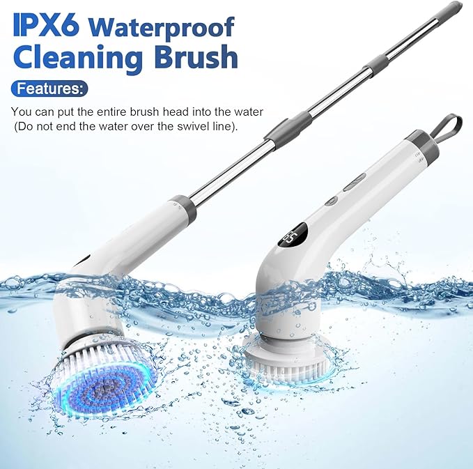 qimedo Electric Spin Scrubber with Extended Long Handle, Rechargeable Handheld Electric Scrubber for Cleaning, Cordless Power Dish Scrubber with 7 Brushes for Bathtub Grout Tile Floor