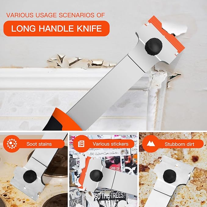DEKEones Razor Blade Scraper, Long Handled Scraper Tool with 10 Extra Replacement Blades, Razor Scraper Remover for Cleaning Sticker, Paint, Caulk from Window, Car, Glass, Windshield, Stove
