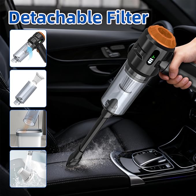 Sycoodeal Handheld Car Vacuum Cleaner, 25000PA Strong Cyclonic Suction Portable Mini Vacuum Cordless with Digital Display Lightweight Handheld for Pet Hair, Car, Home, Office, Kitchen (Orange)