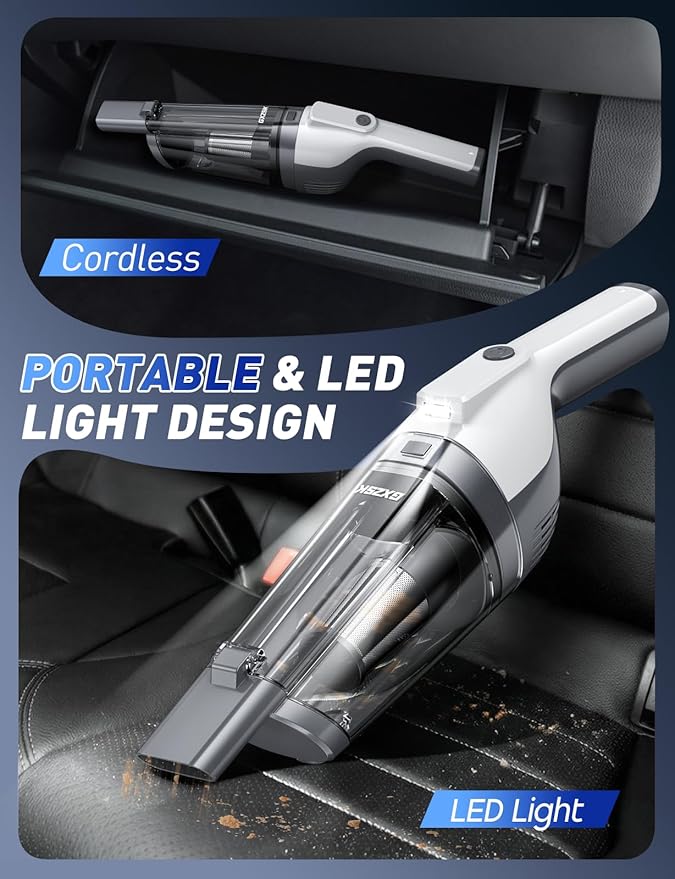 Handheld Vacuum Cordless, 15000PA Powerful Suction Hand Held Vacuum Cleaner, Car Vacuum Portable Cordless with Large-Capacity Dust Bin & LED Light, High Power Hand Vacuum for Home, Car, Office, Pet