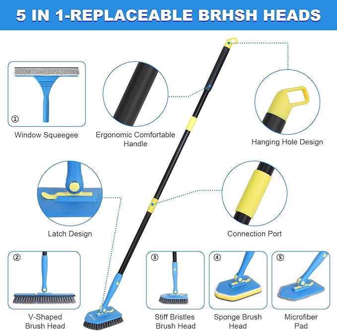 Tile Tub Scrubber Brush with 5 Different Function Cleaning Heads and 51" Extendable Long Handle Non Scratch Shower Scrubber for Cleaning Bathroom Kitchen Toilet Wall Bathtub Sink