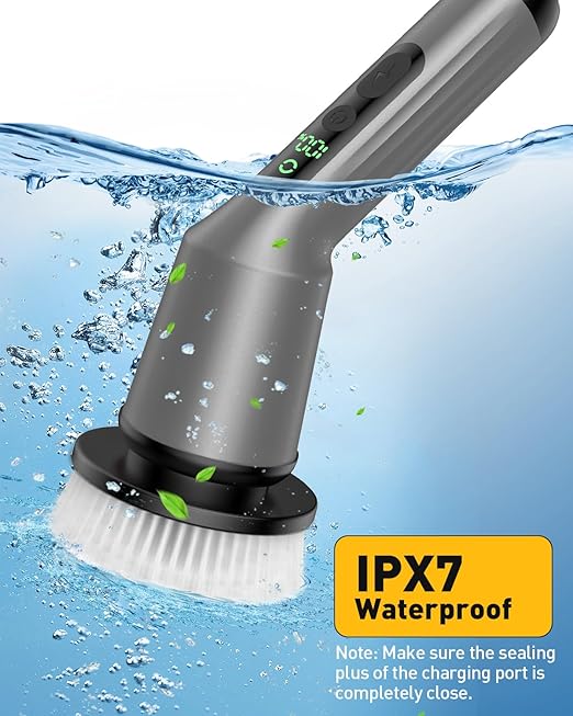 Electric Spin Scrubber for Cleaning Bathroom, Shower Scrubber Cordless Cleaning Brush with IPX7 Waterproof & 2 Speed, 3 Brush Heads, Bathroom Cleaning Supplies for Shower Tub Tile Toilet Grey
