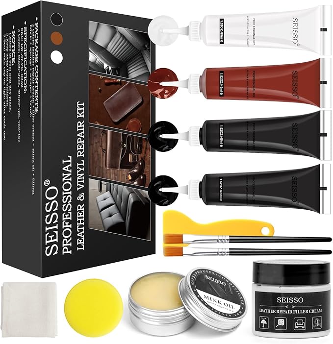 SEISSO Leather Repair Kit for Furniture, Vinyl Leather Repair Kit Car Interior Leather Dye with Mink Oil, Leather Filler
