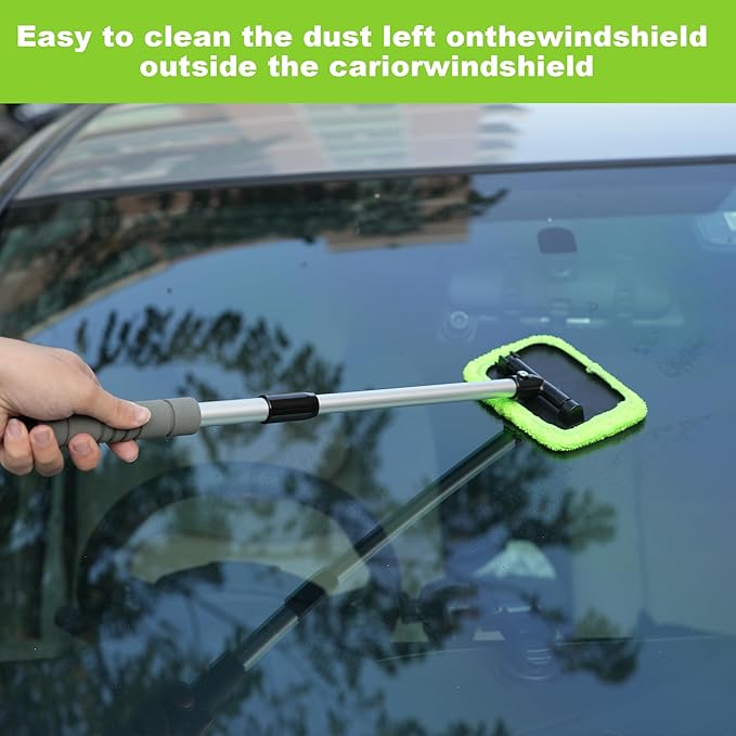 XINDELL Windshield Cleaner Tool – Car Window Cleaning Tool 22inch Extendable Long Handle for Easy Cleaning, 9pcs Reusable Microfiber Pads, Streak-Free Interior & Exterior Auto Glass Cleaner (Green)