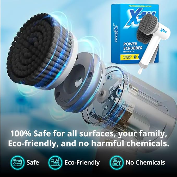 X-All Electric Spin Power Scrubber - Rechargeable Lightweight Waterproof Cordless 2-Speed Control Cleaning Tool with 2 Spin Brush Heads - White