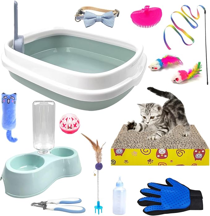 Kitten Starter Kit - 15 Piece Cat Essentials Set Includes Litter Box, Toys, Collars, Scratch Pad, Nail File, Automatic F