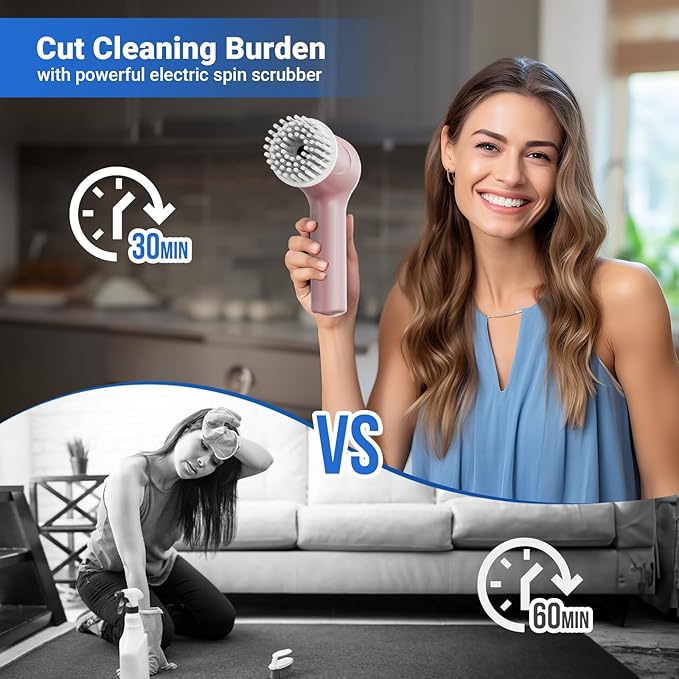 PUFTEM Electric Spin Scrubber, Cordless Shower Scrubber with Battery Level Display, 2 Speeds Electric Scrubber for Cleaning with 6 Replaceable Heads, Cleaning Brush for Bathroom/Sink/Window (Pink)