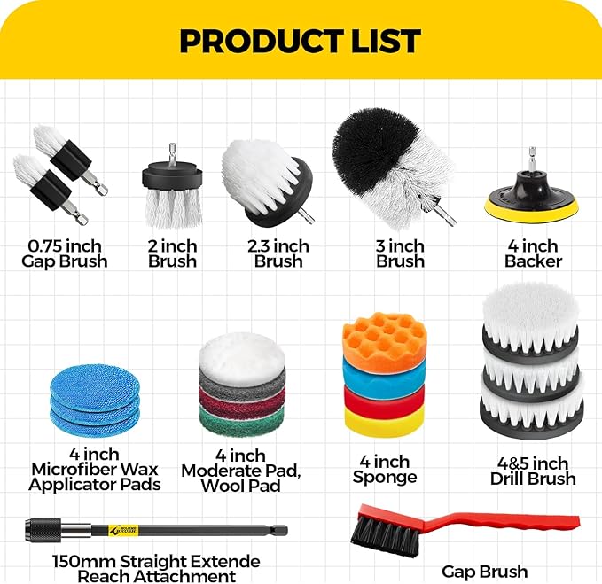 Holikme 22Pack Drill Brush Attachments Set, Scrub Pads & Sponge, Buffing Pads, Power Scrubber Brush, Car Polishing Pad Kit,Wax Applicator Pad,Car Cleaning Kit,Cleaning Supplies,Masonry Brushes,White