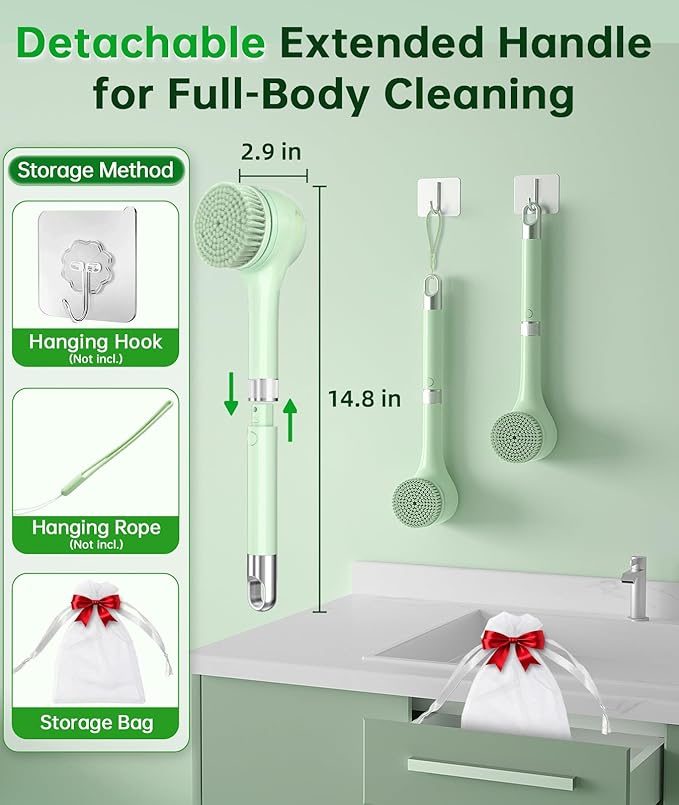 Electric Body Brush Back Scrubber for Shower, Waterproof Long Handle Power Auto Body Scrubber with 5 Heads, 3-Speed Rechargeable Bath Brush for Women, Men, Deep Cleansing, Exfoliating, Massage Skin