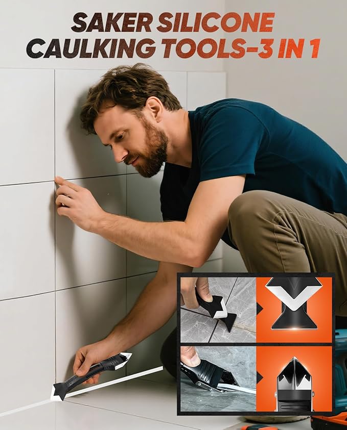 Saker Silicone Caulking Tool 3-in-1 Grout Removal Tool and Sealant Finishing Scraper with Stainless Steelhead, Caulk Remover and Seam Repair Kit for Bathroom, Kitchen, Floor, Window and Sink Joints