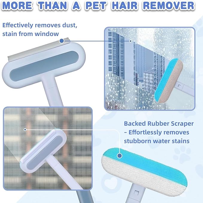 4 in 1 Pet Hair Remover - Washable & Reusable Long-Handle Tool, Gentle Removal for Dog/Cat Hair on Couch, Carpet, Furniture - Also Works for Window & Tile Cleaning (17.3inch)