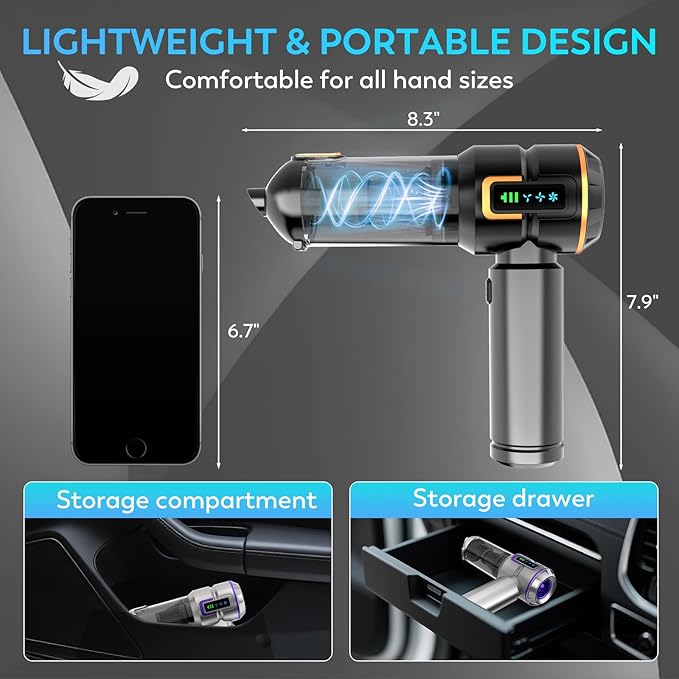 Car Vacuum Cleaner Cordless, 22000PA High Power Portable Handheld Vacuum & Compressed Air Duster, Mini Vacuum with LED Display, 3 Modes Brushless Motor for Car, Home, Office, Camping