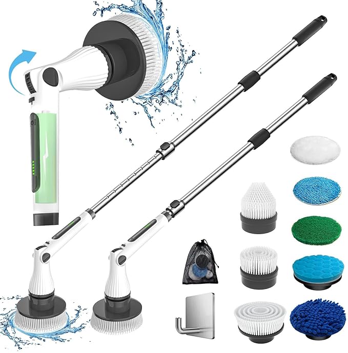 Electric Spin Scrubber, 8 in 1 Electric Cleaning Brush, Cordless Rechargeable Scrub Brush with 8 Replaceable Brush Heads, Adjustable Length and Angle Power Scrubber for Bathroom Tile Bathtub Glass