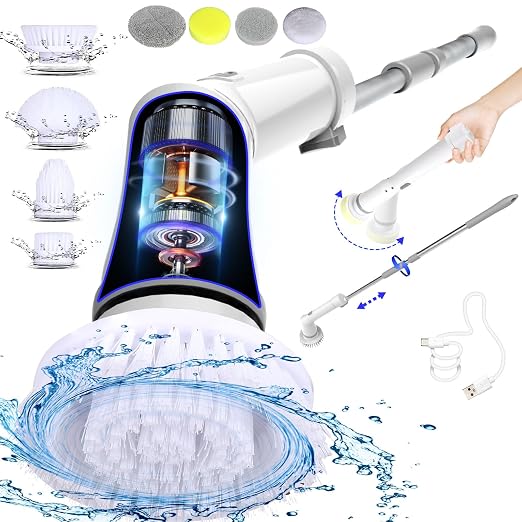 UBeesize Electric Spin Scrubber,Long Cordless Cleaning Brush,Rotatable Shower Scrubber with 8 Replaceable Heads,Adjustab