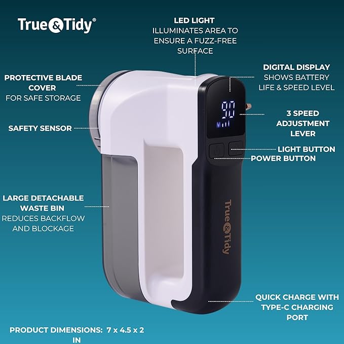 True & Tidy XL Fabric Shaver & Lint Remover Rechargeable Electric Sweater Defuzzer w/ 6-Blade Stainless Steel, 3 Speeds, LED Display, 2 Extra Blades, 3.5 Hrs Runtime for Clothes, Couch, Upholstery