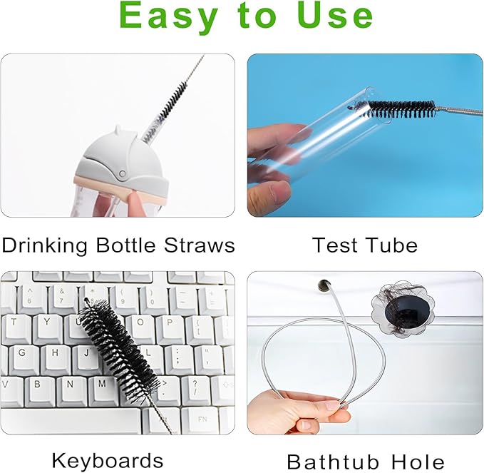CiaraQ Bottle Cleaning Brushes, 8 Inch Nylon Tube Brush Set & A Flexible Long Drain Brush 60 inch, Cleaner for Narrow Neck Bottles Cups with Hook, Set of 11pcs, Black