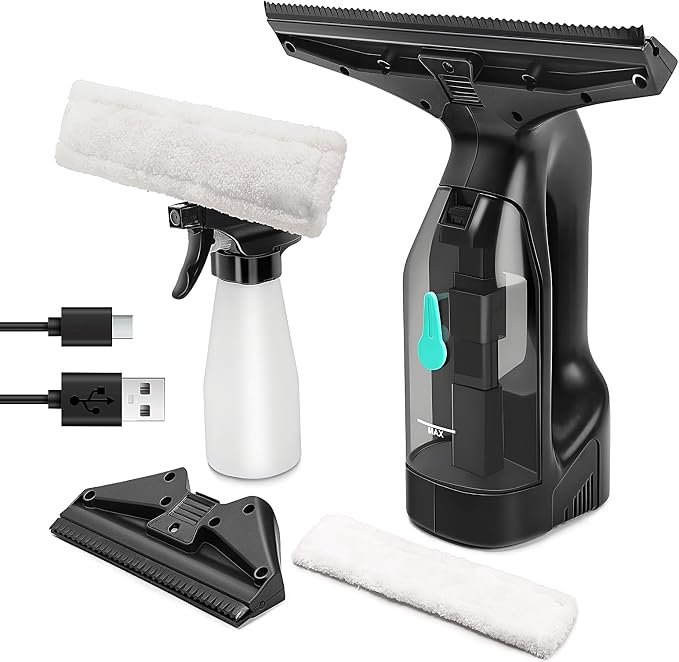 Window Vacuum Cleaner Kit Cordless, 35Min Runtime & 2 Suction Nozzles Cleaning Tool, All-in-One Electric Squeegee Spray