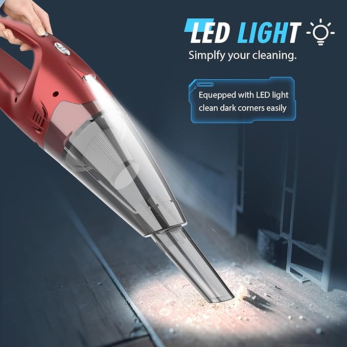 FUOAYOC Handheld Vacuum Cordless,Car Cordless Rechargeable, 6KPA Powerful Suction Hand Held Vacuum with LED Light/Multi Accessories, 1.6lbs Mini Portable Vacuum Cleaner for Home/Car/Office Cleaning