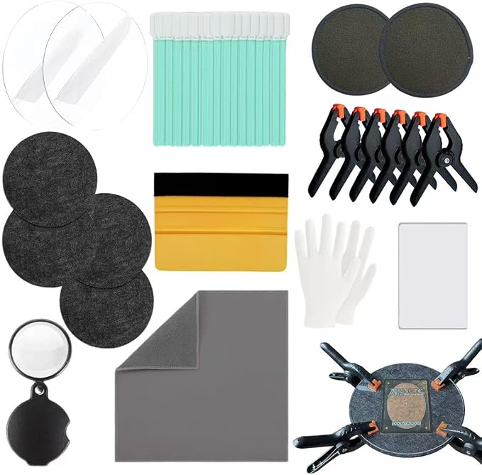 Trading Card Care Kit with Card Clamp, Flattening Tool & Cleaning Set