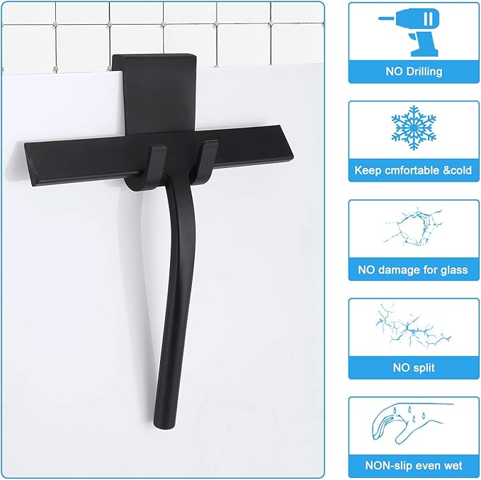 All -Purpose Silicone Shower Squeegee for Shower Glass Door with Hook, Bathroom Accessories for Window Mirror Tile Car Shower Walls,Household Shower Cleaner Tool (Black, 9 inch(1 Hook)
