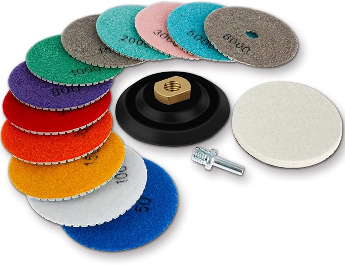 15Pcs 4 Inch Diamond Polishing Pads with Backer Pad, Wet/Dry 50-8000 Grit Polish Pad Kit for Drill Grinder Polisher Conc