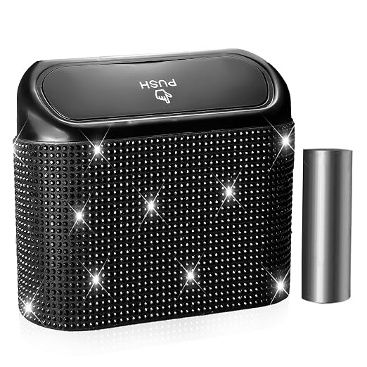 NBTEPEM Bling Car Trash Can with Lid, Mini Auto Garbage Can with 30 Trash Bags, Leakproof Automotive Garbage Container B