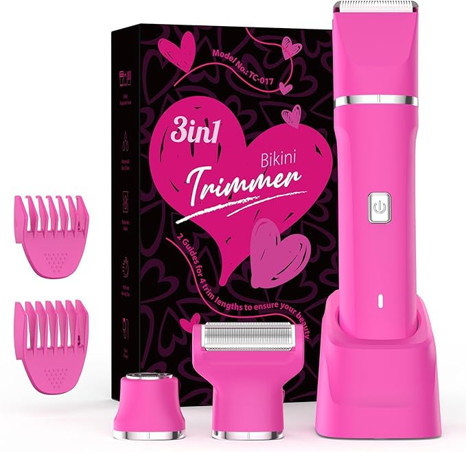 Bikini Trimmer for Women - IPX7 Waterproof Pubic Hair Remover for Shower & Travel, 3-in-1 Bikini Trimmer with Body/Round/Curved Heads, Hypoallergenic Foil & Ceramic Blades, Self-Care Gifts for Women