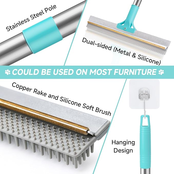 Carpet Rake for Pet Hair Removal Tool, Reusable Pet Hair Remover Broom, Dog&Cat Hair Remover Scraper Rake with 54” Adjustable Long Handle, 3 Pcs Carpet Brush Rake for Rugs, Mats, Couch, Furniture
