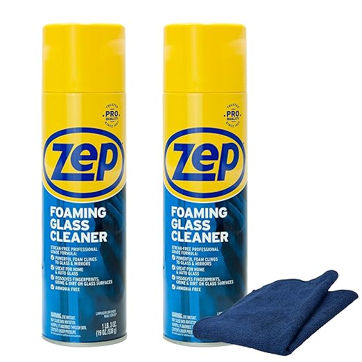 Zep Foaming Glass Cleaner 19 oz (2 Units) & a Blue Microfiber Rag ECBD028-2-Pack of Ammonia-Free Streak-Free Glass Cleaners for Windows Mirrors and Auto Glass Paired with a Reusable Rag