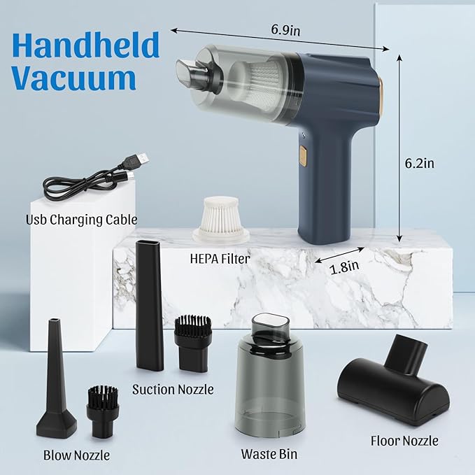 12000Pa Cordless Handheld Vacuum Cleaner, High Power Car Vacuum and Air Duster 2-in-1, Low Decibel Brushless Mini Vacuum with LED light and Multi-Nozzles, for Desk, Sewing Machine, Computer, Keyboard