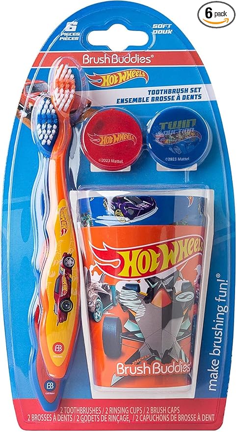 Brush Buddies Hot Wheels Kids Toothbrush Kit for Toddlers Ages 2+ Manual Toothbrushes with Soft Bristles Travel Toothbru