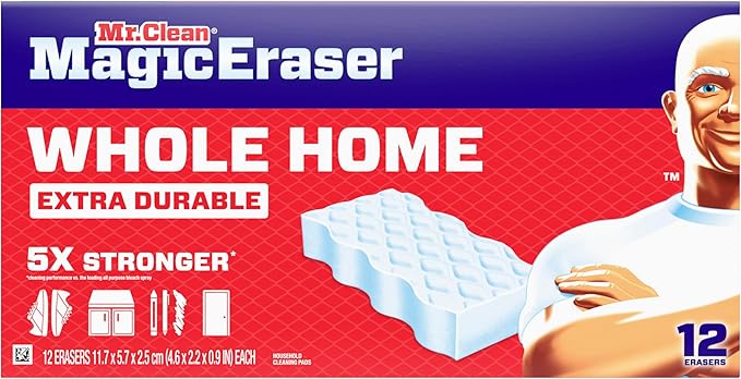 Mr. Clean Magic Eraser Sponge, All Purpose Cleaner, Cleaning Scrubber, Wall, Sneaker, Kitchen, Bathroom, Shower Cleaning Supplies, Melamine Sponge, Cleaning Pads, Whole Home Extra Durable, 12ct