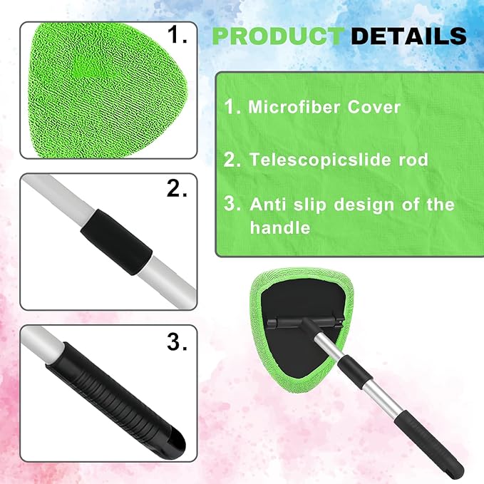 Windshield Cleaning Tool, Car Window Cleaner with Extendable Handle, 4 Microfiber Pads and Spray Bottle, Auto Interior Exterior Glass Wiper Cleaning Kit Universal for RV, SUV, Truck (Green)