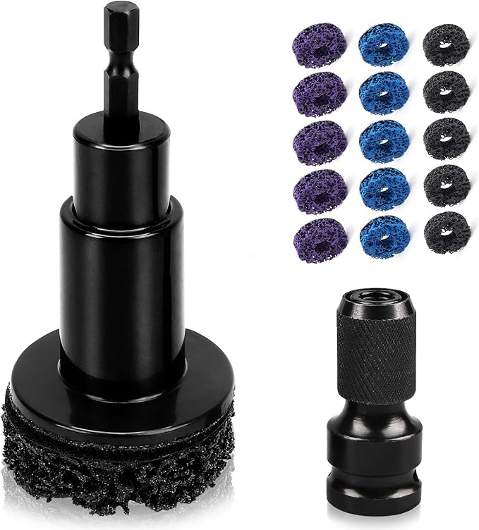 Wheel Hub Cleaning Kit - Brake Dust Remover with 15 Abrasive Pads, Aluminum Alloy Holder & 1/2" Impact Wrench Adapter, F