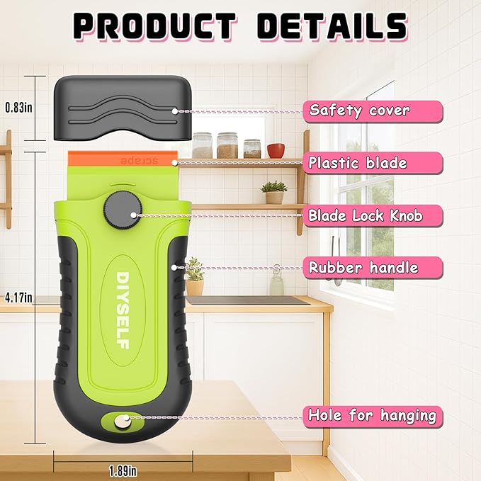 DIYSELF 2 Pcs Plastic Razor Blade Scraper with 10 Pcs Blades, Plastic Scraper Tool for Adhesive Remover, Scrapers for Cleaning Stickers, Decals, Glass, Windows, Car, No Scratches (Green)