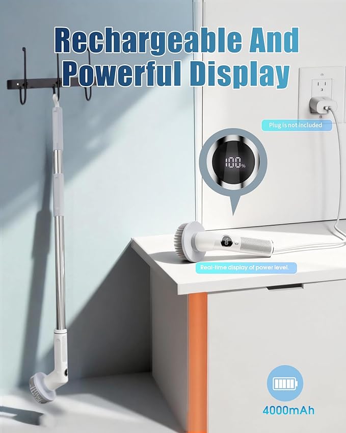 Electric Spin Scrubber, 2026 Electric Scrubber for Cleaning 4000mAh 2 Speed Shower Scrubber with Adjustable Handle IPX7 Waterproof Long Runtime Scrub Brush with 5 Heads for Bathroom Kitchen Tub