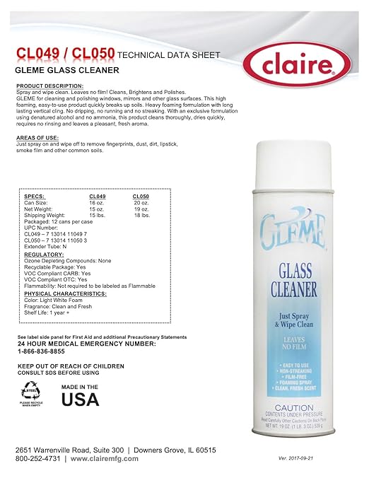 Claire Manufacturing CL050-1PK Gleme Glass Cleaner, 20 oz. can, 1 count, teal & white (Pack of 2)