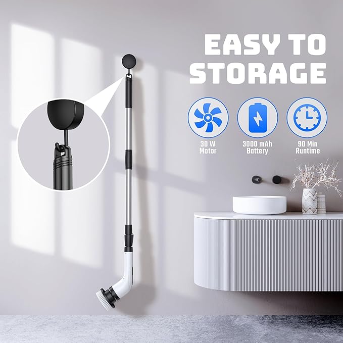 Electric Spin Scrubber for Bathroom: Shower Scrubber with Long Handle, Dual Speed Cordless Power Cleaning Scrub, 7 Brush Heads, IPX7 Waterproof Heavy Duty Cleaner Tools for Tub Tile Grout Wall