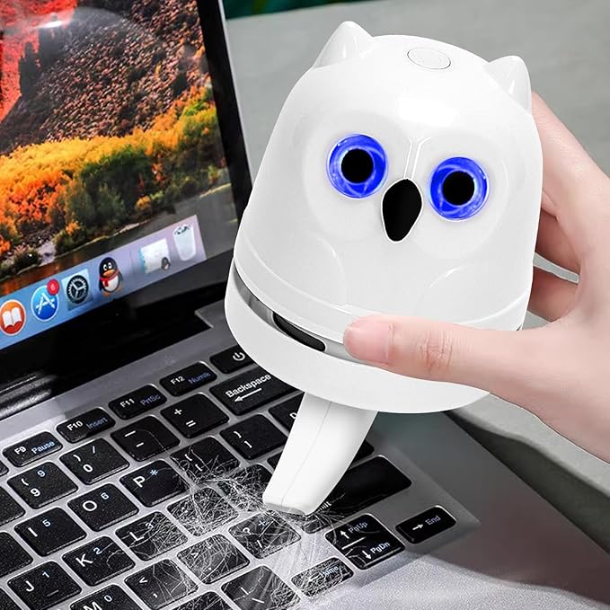 Mini Crumb Vacuum Cleaner Owl Tabletop Crumb Sweeper Vacuum USB Recharging Craft Desk Vacuum Cleaner for Glitter Paper Scraps Eraser Crumbs Pencil Shavings Cookie Crumbs