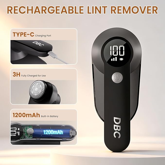 DBC Rechargeable Fabric Shaver,3-Speed Lint Remover for Clothes LED Display, 15000r/Min Powerful Motor, Large Shaving Head Lint Shaver for Clothes, 6-Leaf Blades, Lint Ball, Furniture, Fuzz