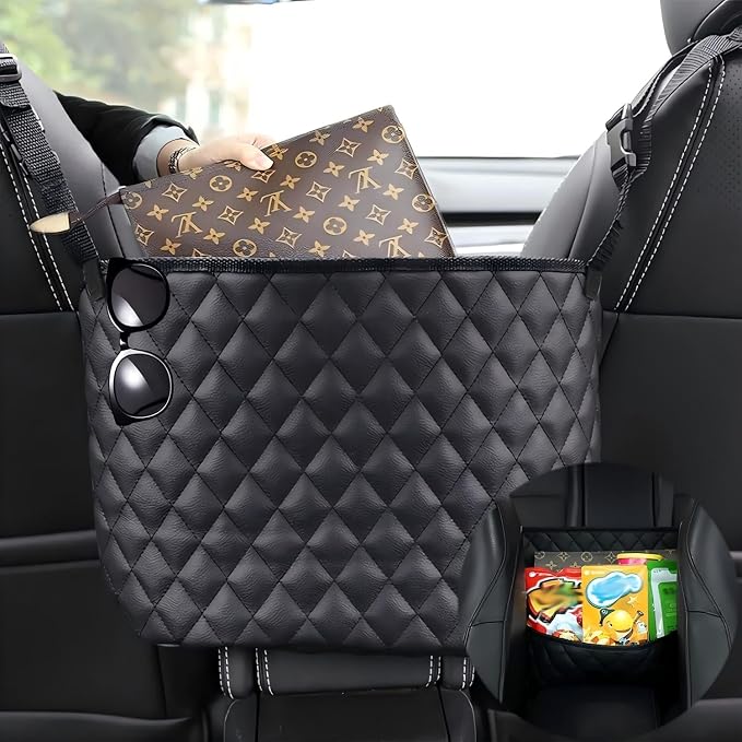 Car Net Pocket Handbag Holder,Purse Holder for Between Seats,Leather Seat Back Organizer Mesh Large Capacity Bag,Handbag