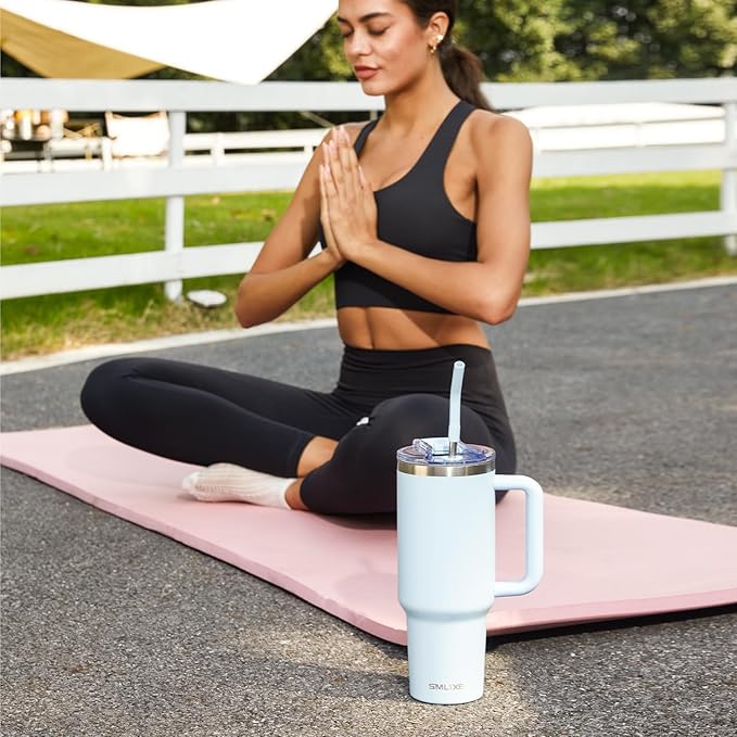 30 oz Tumbler with Handle, Tumbler with Lid and Straw, Double Wall Vacuum Insulated Travel Mug Stainless Steel Tumbler for Hot and Cold, Cupholder Friendly (Blue)