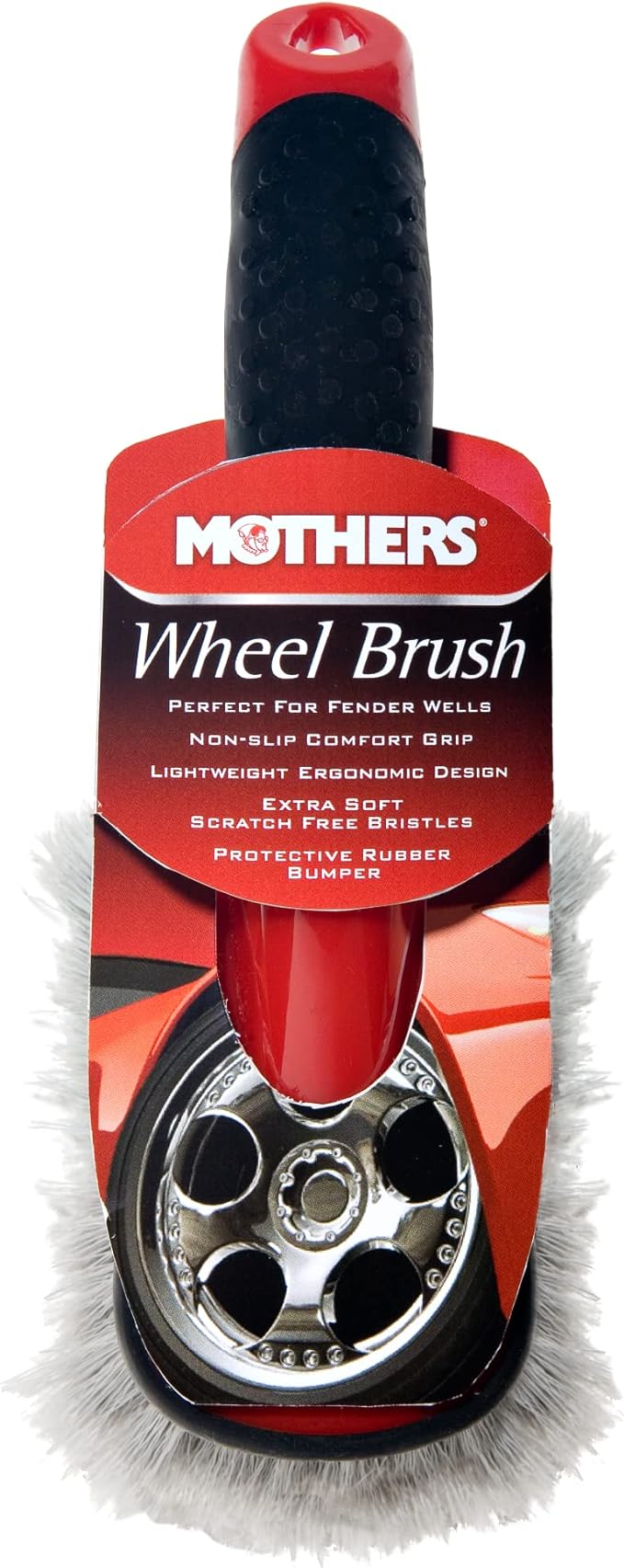 Mothers Car Wash Brush, Wheel and Fender Brush, Short Handle Tire Cleaner for Car Detailing, 10 Inch, Red/Black