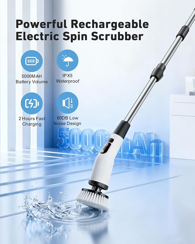 Powerful Electric Spin Scrubber, for Mom, Cordless Cleaning Brush, 90-Min Extended Runtime, Telescopic Long Handle, 8 Replaceable Heads, 2 Speeds for Bathroom, Floor & Glass