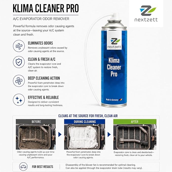 nextzett Klima Cleaner Pro Automotive AC Odor Eliminator & Evaporator Cleaner Freshens & Cleans Air Conditioning System 10 fl oz Includes 2-Foot Application Hose