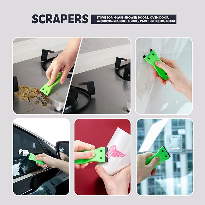 FOSHIO 2PCS Plastic Razor Blade Scraper Tool and 100PCS Plastic Blades for Gasket Remover, Sticker Remover, Labels Decal and Adhesive Remover for Windows and Glass (Lime Green)
