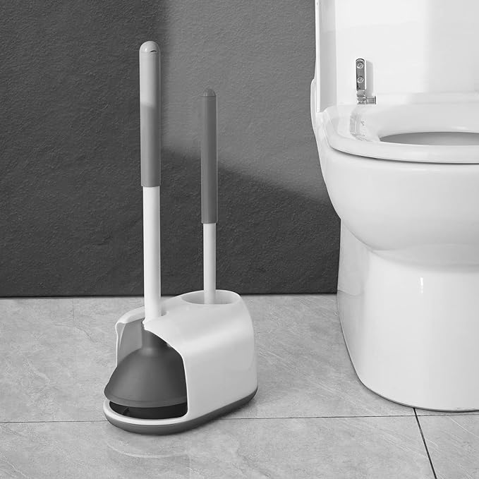 Eyliden Toilet Plunger and Brush Set | 2-in-1 Bathroom Cleaning Tools with Holder | Unclogs Toilets, Deep Cleans Bowls | Compact Caddy Stand | Nylon Bristles, Durable Plastic, White