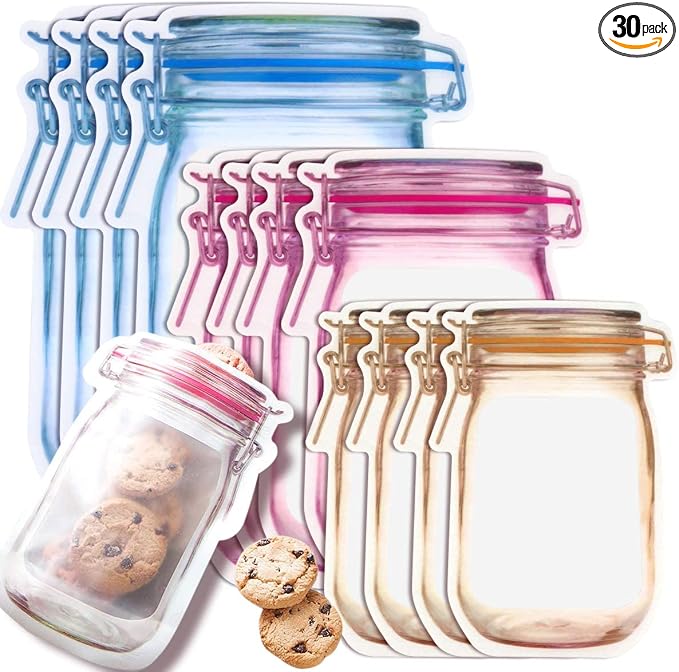 Fireboomoon 30 PCS Multi-Size Mason Jar Bottle Pattern Zipper Bags,Reusable Airtight Seal Leak-Proof Portable Food Snack