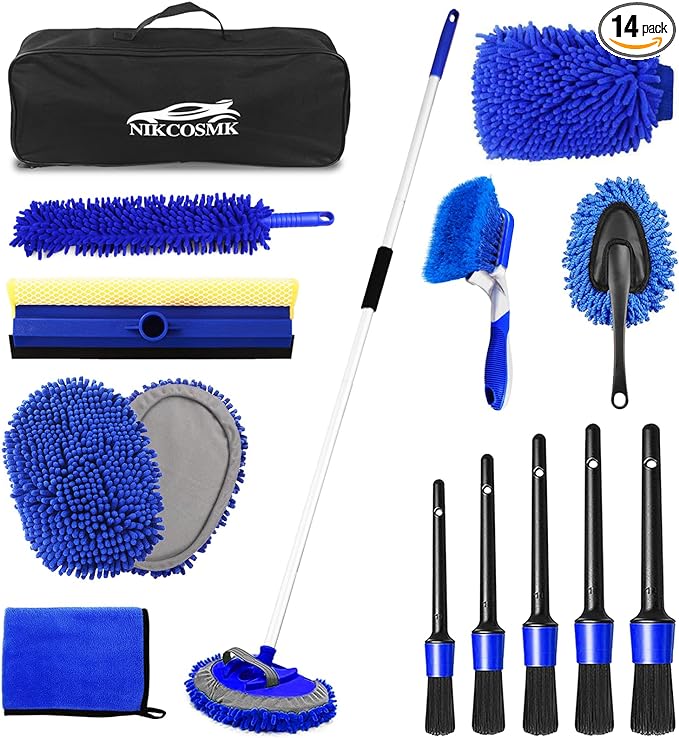 62'' Car Wash Brush Kit Mitt Mop Sponge with Long Handle, 1 Chenille Scratch-Free Replacement Head, Windshield Window Sq