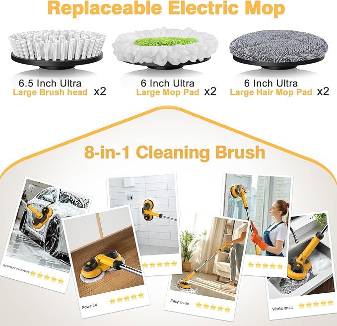 Cordless Electric Mop for Dewalt 20V Battery (NO Battery), 2 in 1 Spin Mop & Electric Floor Scrubber Machine with LED Light & Water Spray, 800 RPM Rotating Electric Mops for Floor (Golden)